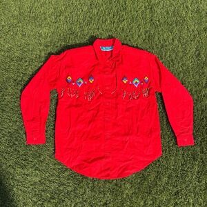 Vintage Southwest Canyon Mens Small Red Western Embroidered Beaded Button Shirt